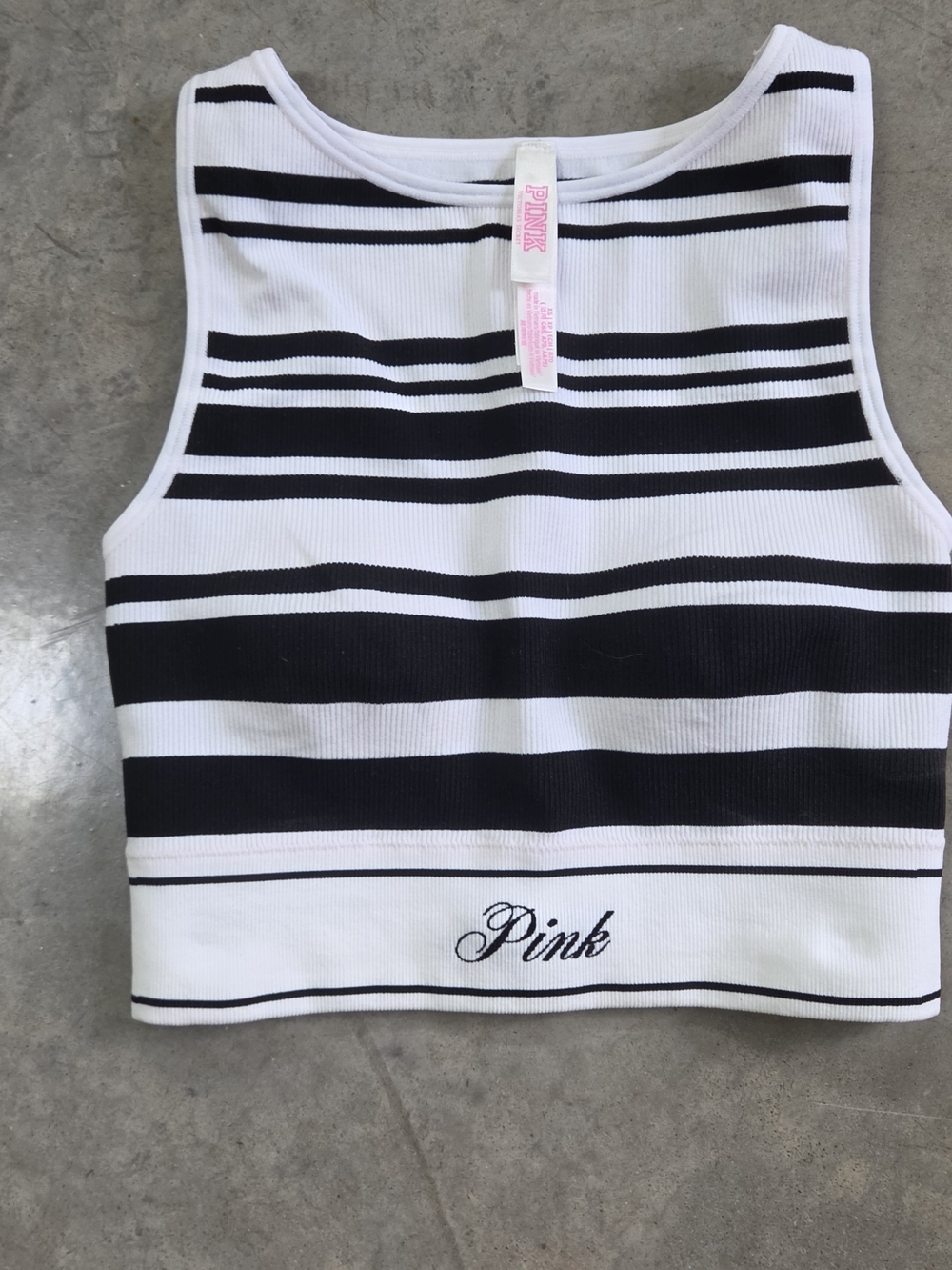 PINK Victoria's Secret Black and White Striped Ribbed Crop Tank